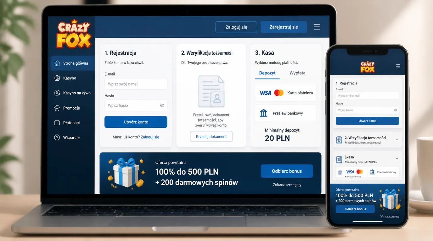 Formularz rejestracji i kasa z wyborem karty lub przelewu oraz informacją o minimalnej wpłacie 20 PLN