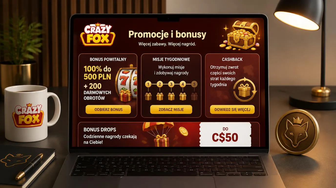 Ekran promocji kasyna z bonusem powitalnym, misjami tygodniowymi i nagrodami w postaci spinów