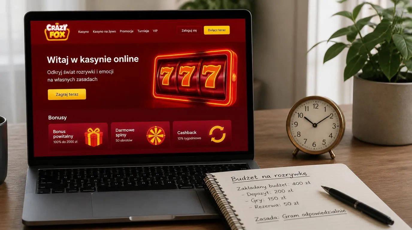 Ekran laptopa z neutralną stroną kasyna i notatnikiem do planowania wydatków na rozrywkę