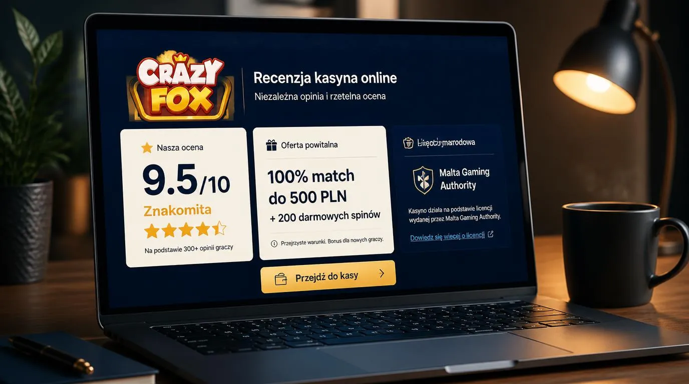 Ekran kasyna z oceną 9,5/10, informacją o licencji maltańskiej i ofertą powitalną